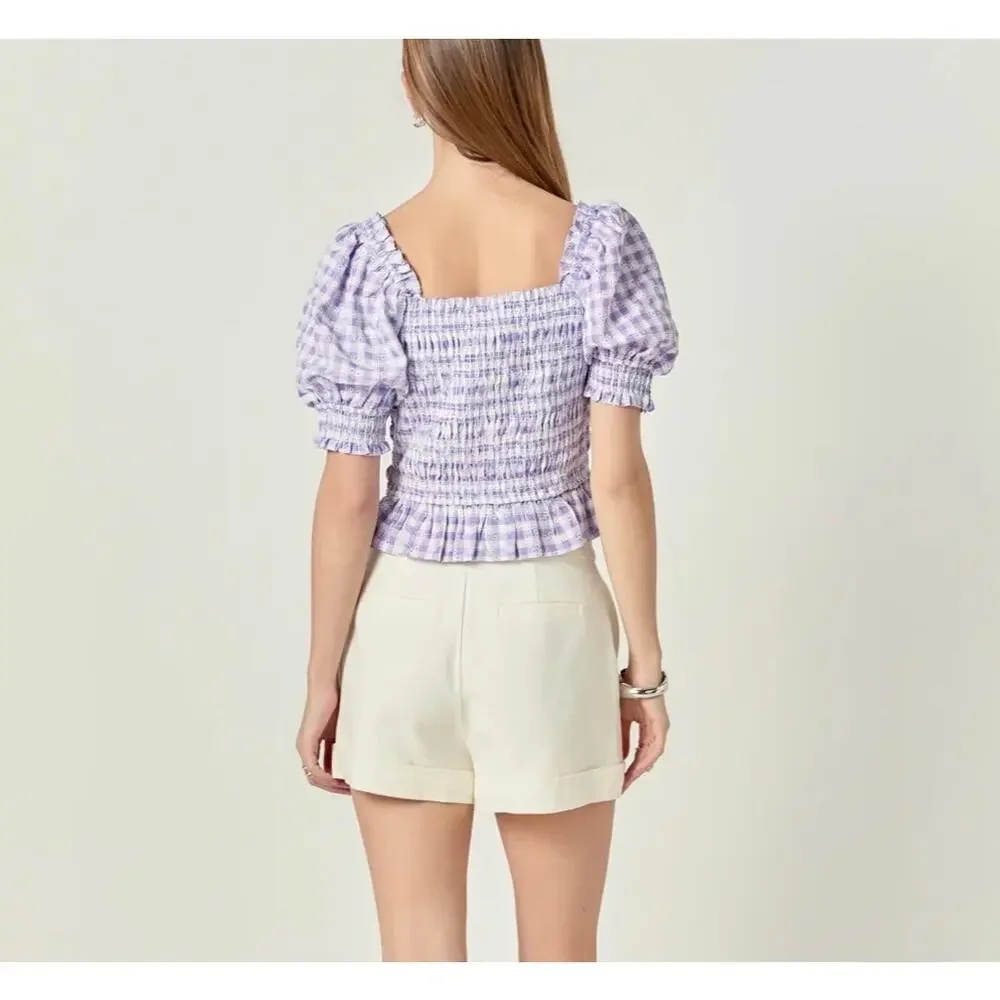 NWOT English Factory Smocked Gingham Puff Sleeve Blouse Square Neck Lavender XS - Picture 2 of 9